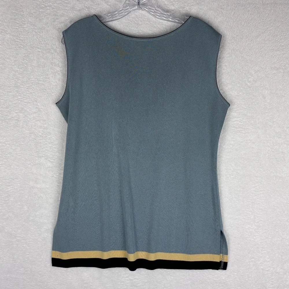 Exclusively Misook Women's‎ Vintage Blue; Black/Gold Stipes Knit Sleeveless Sz L
